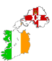 Map showing Northern Ireland split from Republic of Ireland, coloured in respective flags